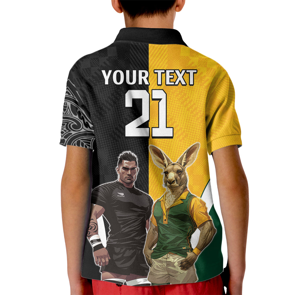 Custom New Zealand and Australia Rugby Kid Polo Shirt Kangroo and Maori Warrior Together