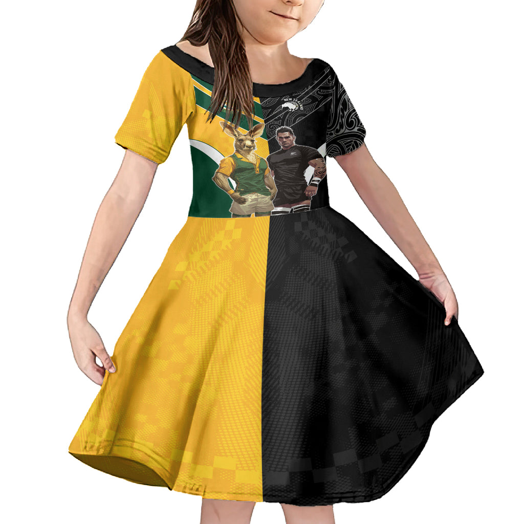 Custom New Zealand and Australia Rugby Kid Short Sleeve Dress Kangroo and Maori Warrior Together