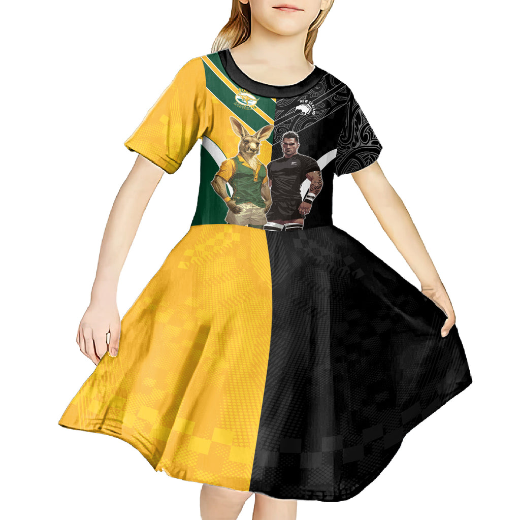 Custom New Zealand and Australia Rugby Kid Short Sleeve Dress Kangroo and Maori Warrior Together