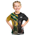 Custom New Zealand and Australia Rugby Kid T Shirt Kangroo and Maori Warrior Together