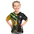 Custom New Zealand and Australia Rugby Kid T Shirt Kangroo and Maori Warrior Together