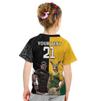 Custom New Zealand and Australia Rugby Kid T Shirt Kangroo and Maori Warrior Together