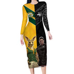 Custom New Zealand and Australia Rugby Long Sleeve Bodycon Dress Kangroo and Maori Warrior Together