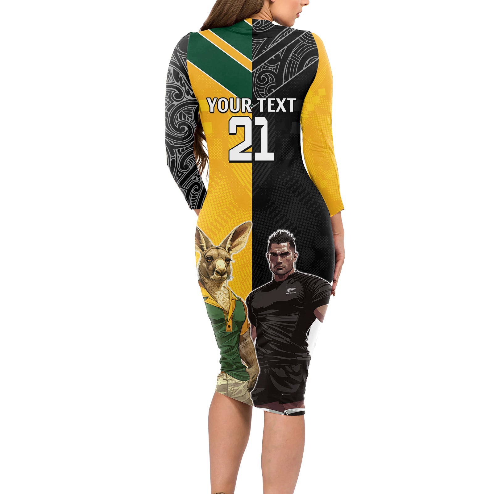 Custom New Zealand and Australia Rugby Long Sleeve Bodycon Dress Kangroo and Maori Warrior Together