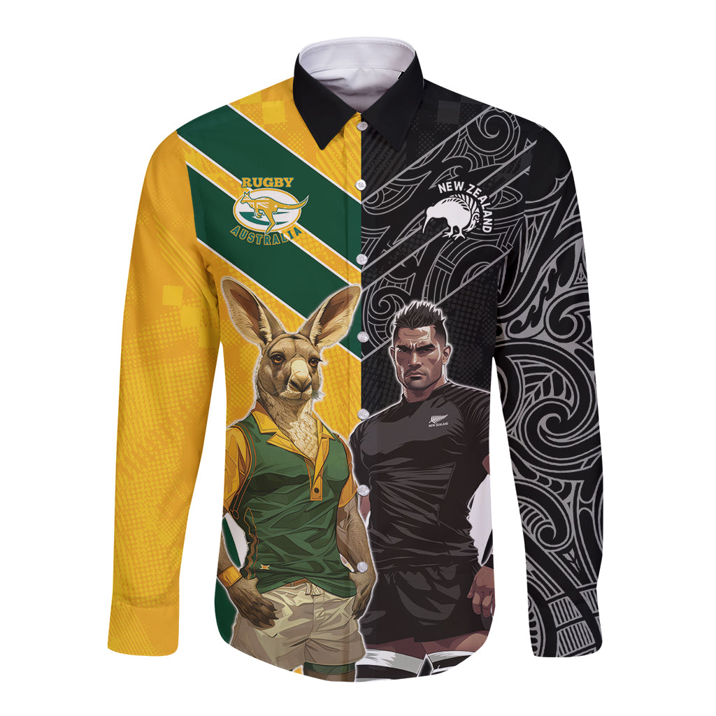 Custom New Zealand and Australia Rugby Long Sleeve Button Shirt Kangroo and Maori Warrior Together