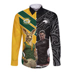 Custom New Zealand and Australia Rugby Long Sleeve Button Shirt Kangroo and Maori Warrior Together