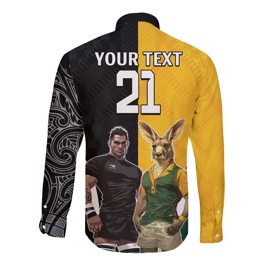 Custom New Zealand and Australia Rugby Long Sleeve Button Shirt Kangroo and Maori Warrior Together