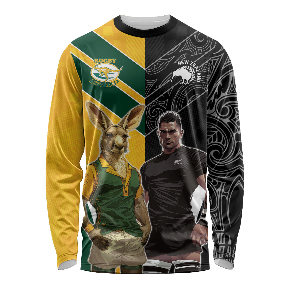 Custom New Zealand and Australia Rugby Long Sleeve Shirt Kangroo and Maori Warrior Together