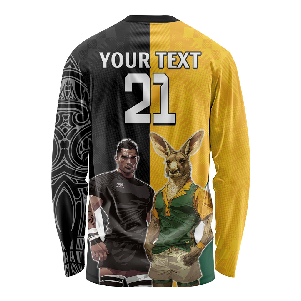 Custom New Zealand and Australia Rugby Long Sleeve Shirt Kangroo and Maori Warrior Together