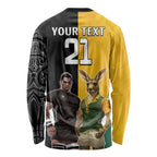 Custom New Zealand and Australia Rugby Long Sleeve Shirt Kangroo and Maori Warrior Together