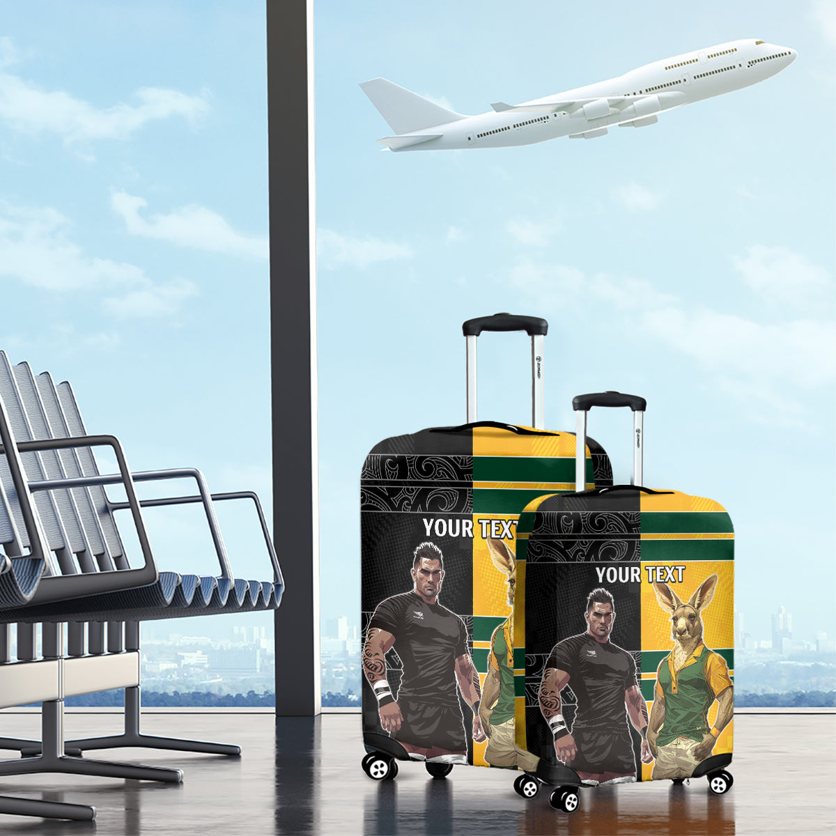 Custom New Zealand and Australia Rugby Luggage Cover Kangroo and Maori Warrior Together