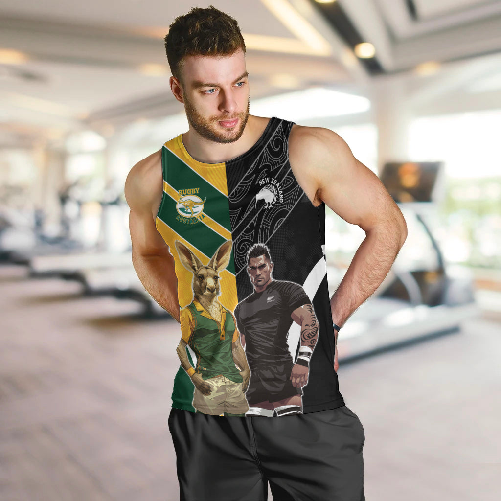 Custom New Zealand and Australia Rugby Men Tank Top Kangroo and Maori Warrior Together