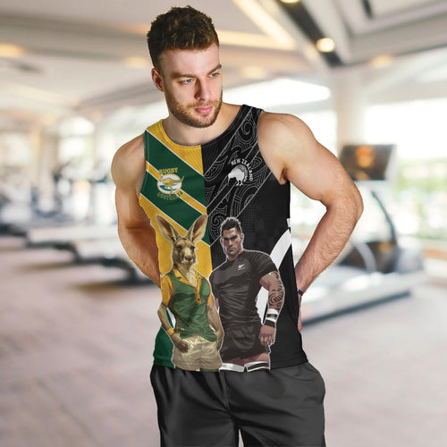 Custom New Zealand and Australia Rugby Men Tank Top Kangroo and Maori Warrior Together