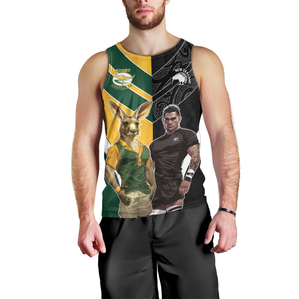 Custom New Zealand and Australia Rugby Men Tank Top Kangroo and Maori Warrior Together