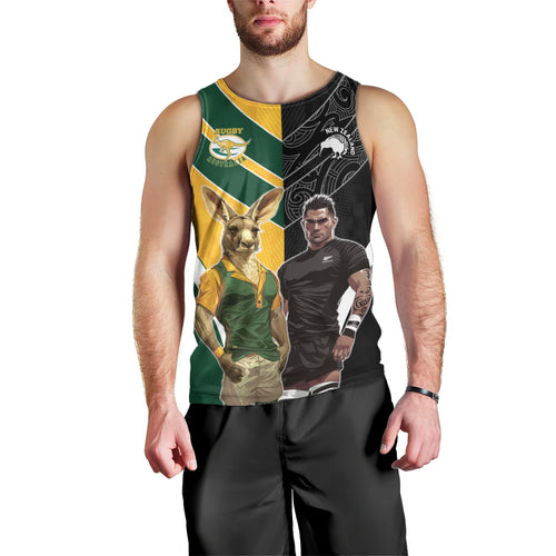 Custom New Zealand and Australia Rugby Men Tank Top Kangroo and Maori Warrior Together