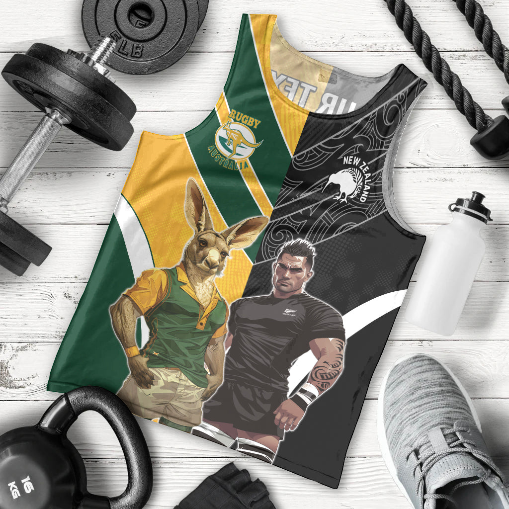 Custom New Zealand and Australia Rugby Men Tank Top Kangroo and Maori Warrior Together