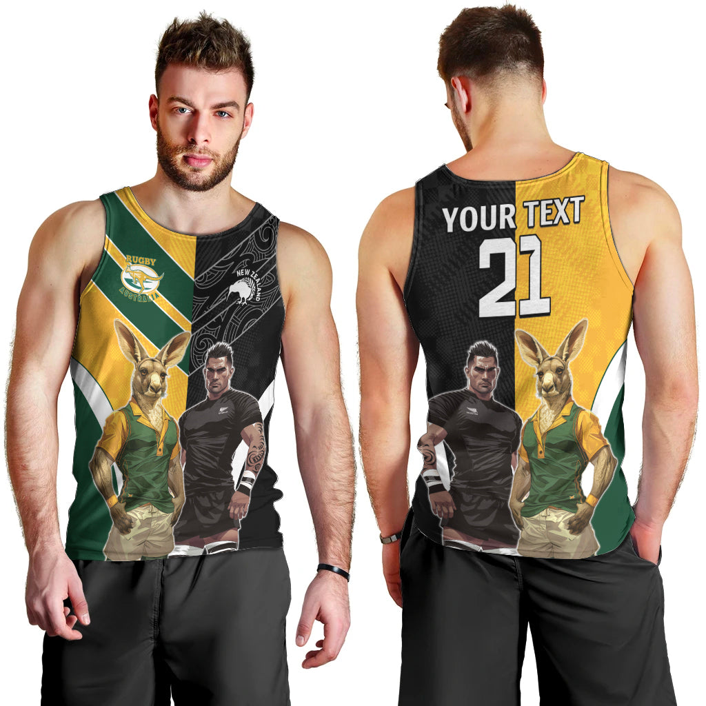 Custom New Zealand and Australia Rugby Men Tank Top Kangroo and Maori Warrior Together