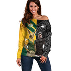 Custom New Zealand and Australia Rugby Off Shoulder Sweater Kangroo and Maori Warrior Together