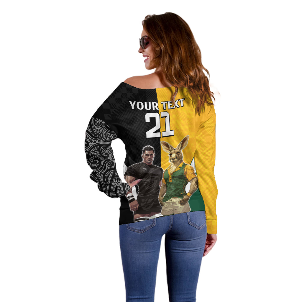 Custom New Zealand and Australia Rugby Off Shoulder Sweater Kangroo and Maori Warrior Together