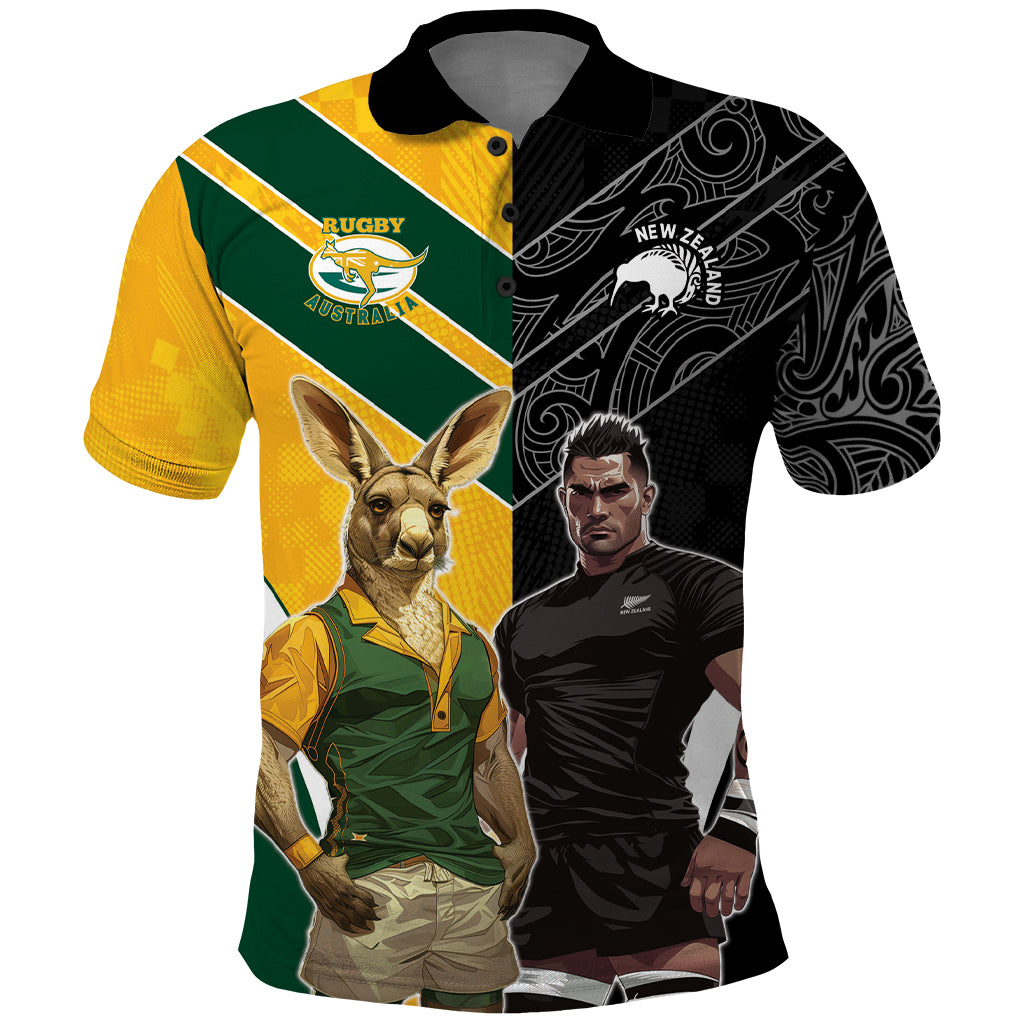 Custom New Zealand and Australia Rugby Polo Shirt Kangroo and Maori Warrior Together