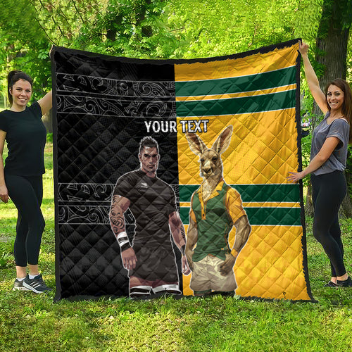 Custom New Zealand and Australia Rugby Quilt Kangroo and Maori Warrior Together