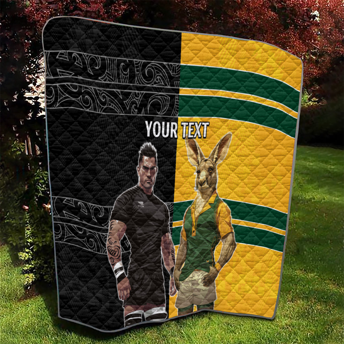 Custom New Zealand and Australia Rugby Quilt Kangroo and Maori Warrior Together
