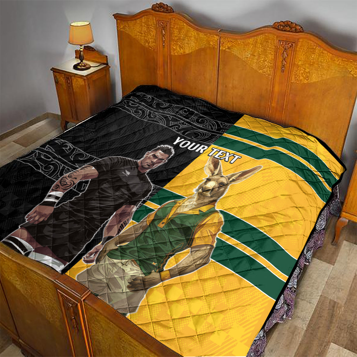 Custom New Zealand and Australia Rugby Quilt Kangroo and Maori Warrior Together