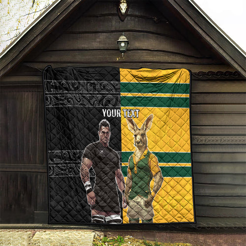 Custom New Zealand and Australia Rugby Quilt Kangroo and Maori Warrior Together