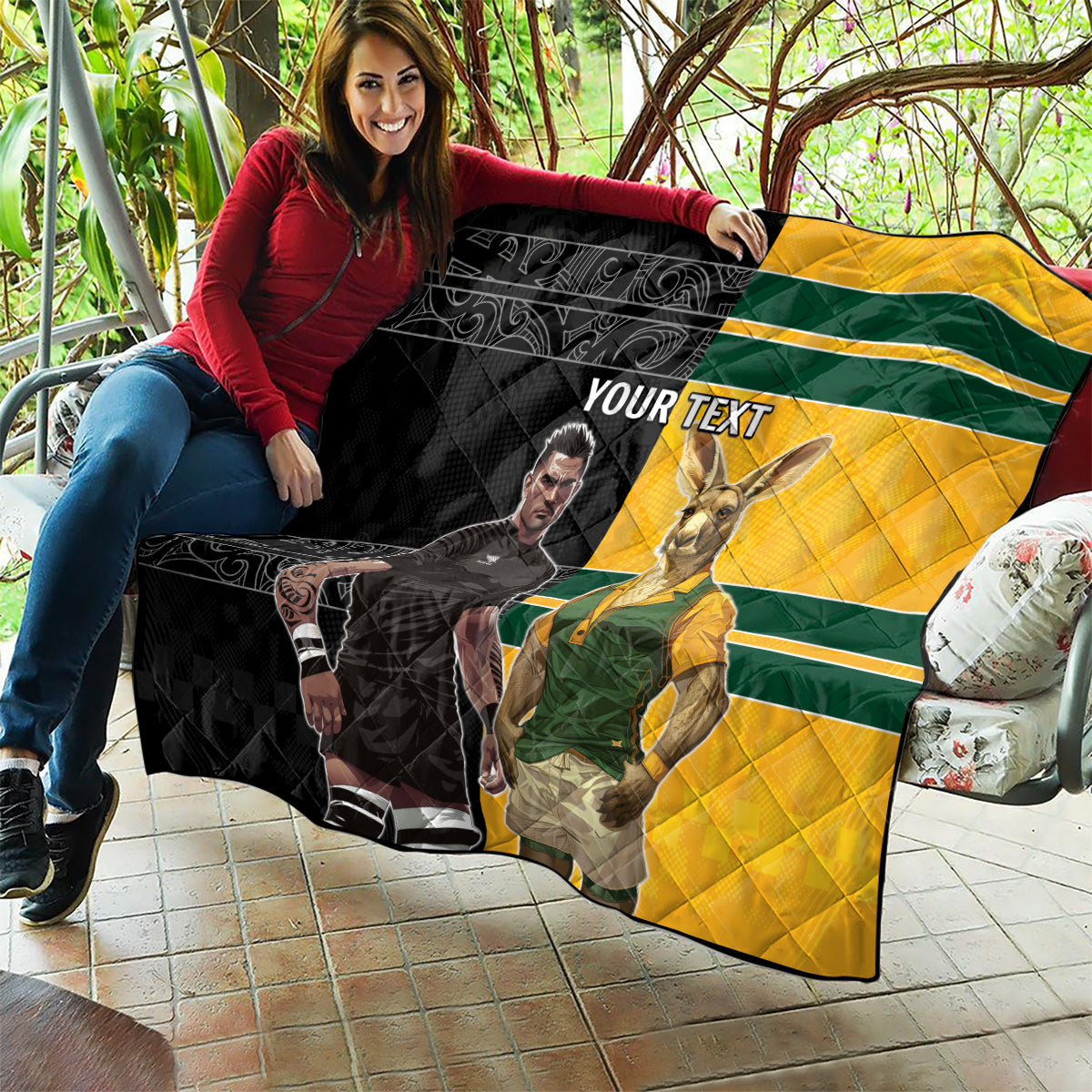 Custom New Zealand and Australia Rugby Quilt Kangroo and Maori Warrior Together