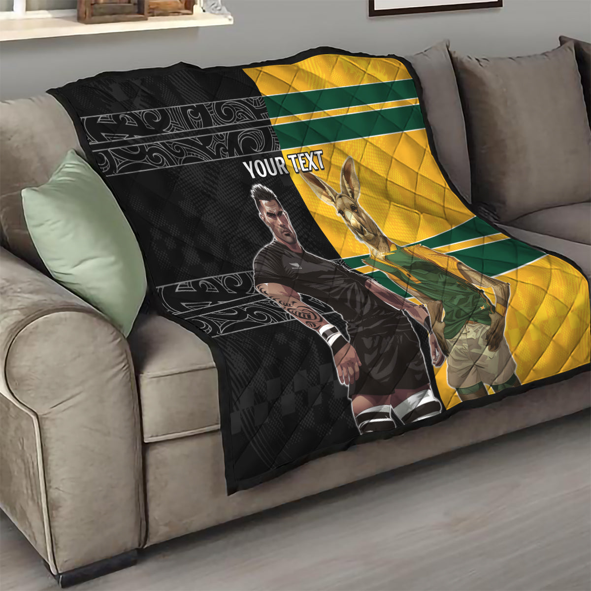 Custom New Zealand and Australia Rugby Quilt Kangroo and Maori Warrior Together