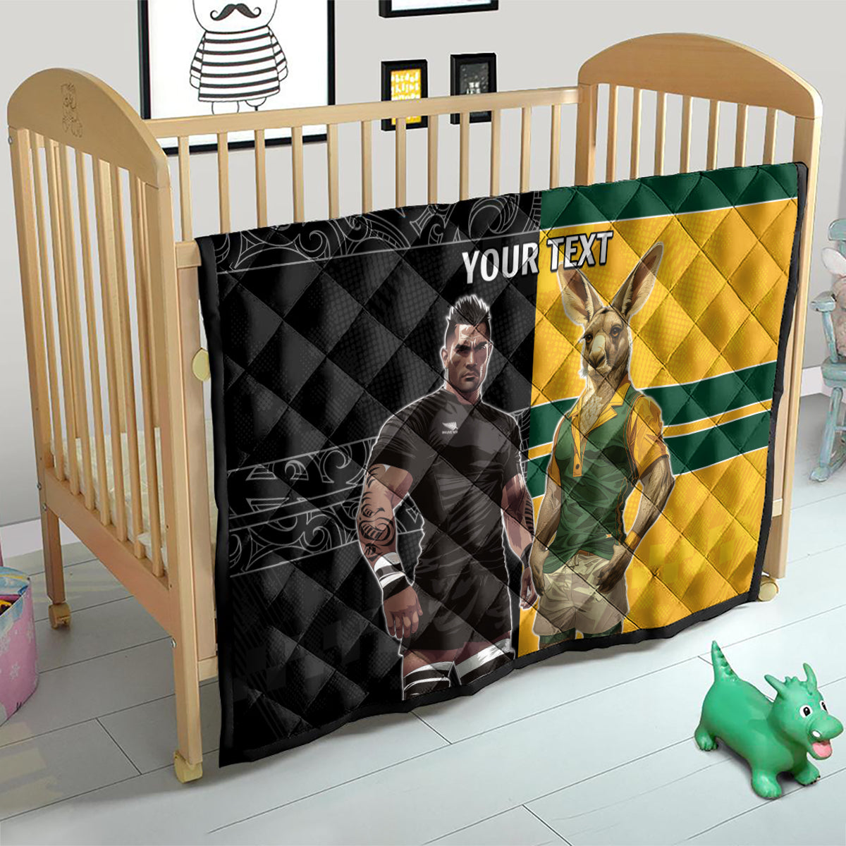 Custom New Zealand and Australia Rugby Quilt Kangroo and Maori Warrior Together