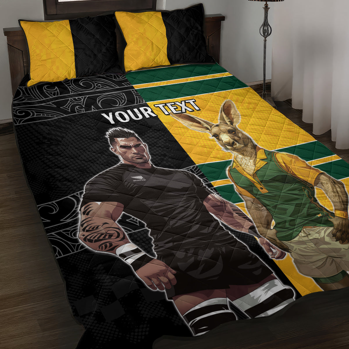 Custom New Zealand and Australia Rugby Quilt Bed Set Kangroo and Maori Warrior Together