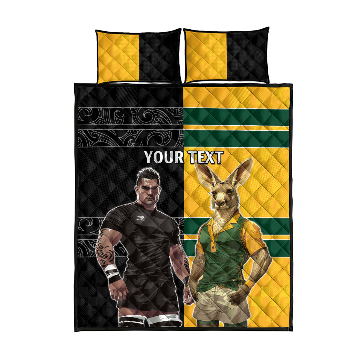 Custom New Zealand and Australia Rugby Quilt Bed Set Kangroo and Maori Warrior Together