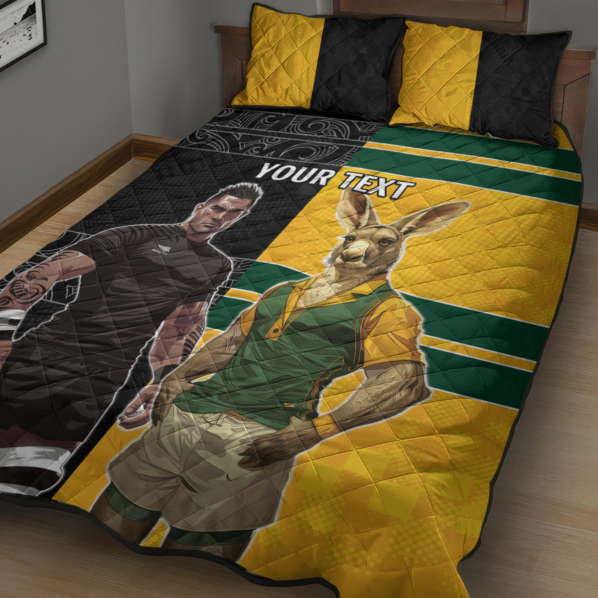 Custom New Zealand and Australia Rugby Quilt Bed Set Kangroo and Maori Warrior Together