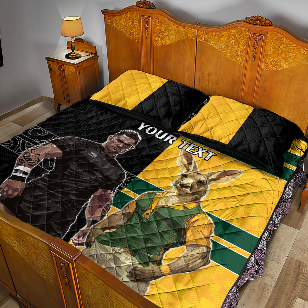 Custom New Zealand and Australia Rugby Quilt Bed Set Kangroo and Maori Warrior Together