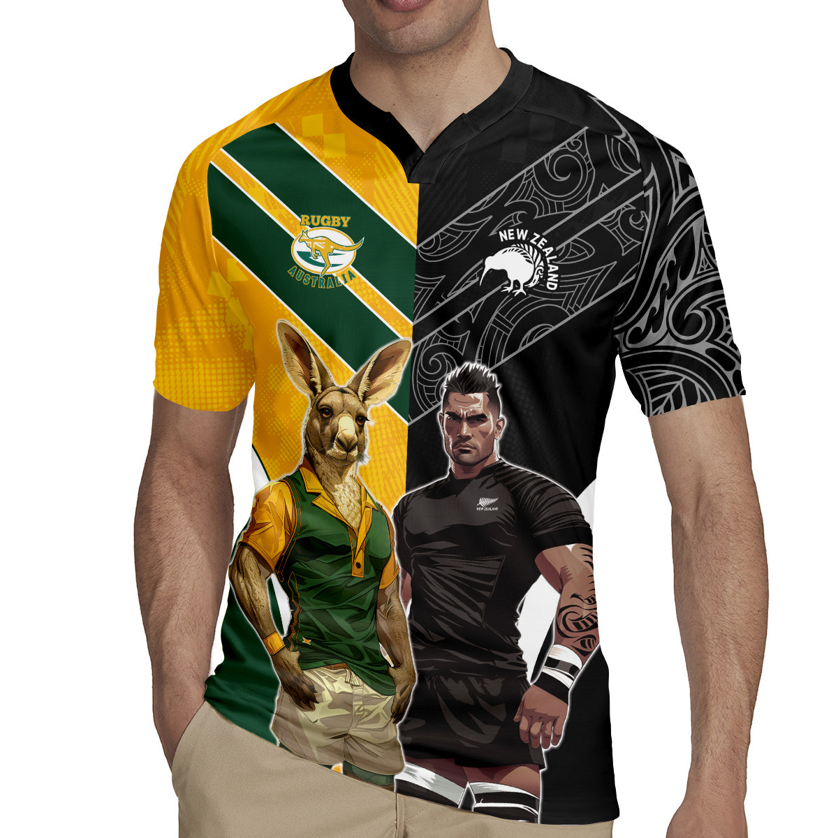 Custom New Zealand and Australia Rugby Rugby Jersey Kangroo and Maori Warrior Together