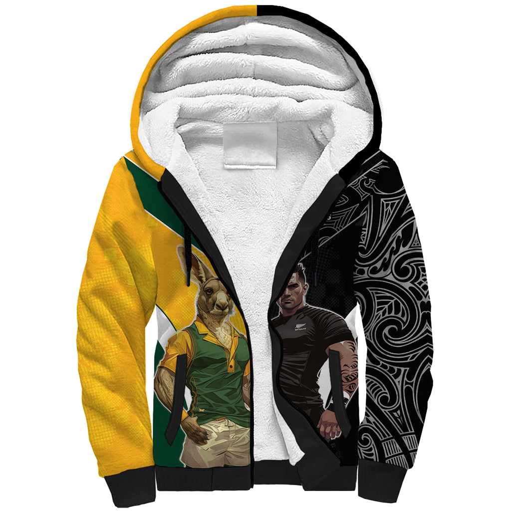 Custom New Zealand and Australia Rugby Sherpa Hoodie Kangroo and Maori Warrior Together