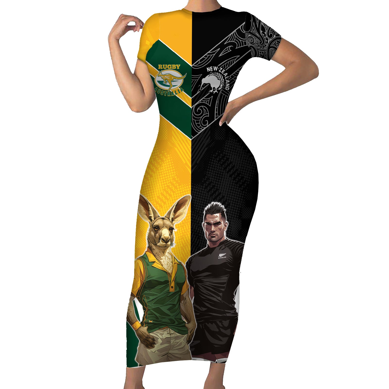 Custom New Zealand and Australia Rugby Short Sleeve Bodycon Dress Kangroo and Maori Warrior Together