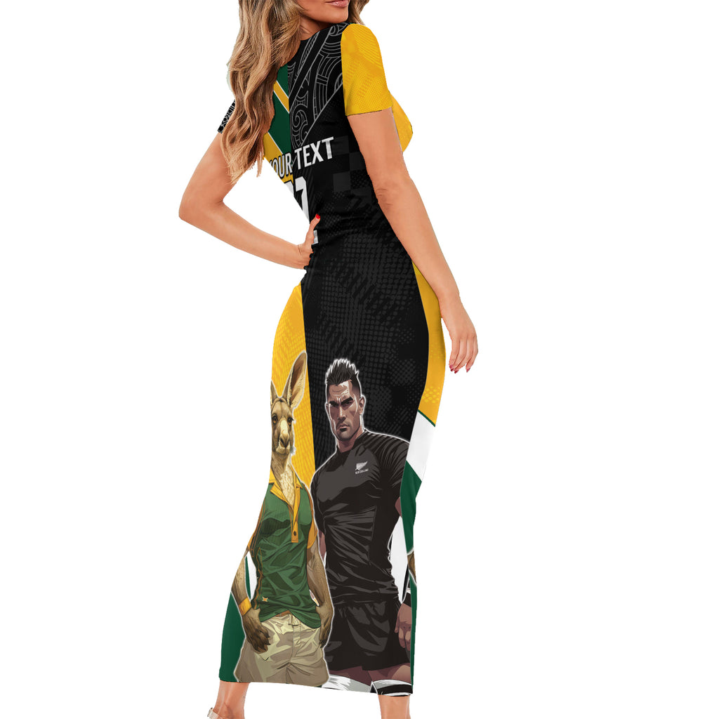 Custom New Zealand and Australia Rugby Short Sleeve Bodycon Dress Kangroo and Maori Warrior Together