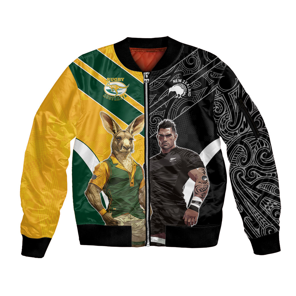 Custom New Zealand and Australia Rugby Sleeve Zip Bomber Jacket Kangroo and Maori Warrior Together