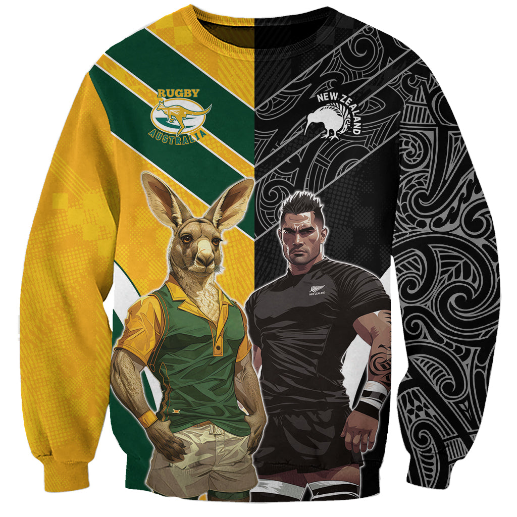 Custom New Zealand and Australia Rugby Sweatshirt Kangroo and Maori Warrior Together