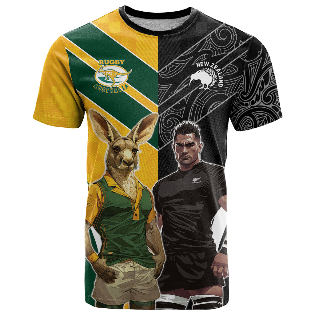 Custom New Zealand and Australia Rugby T Shirt Kangroo and Maori Warrior Together