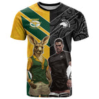 Custom New Zealand and Australia Rugby T Shirt Kangroo and Maori Warrior Together