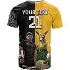 Custom New Zealand and Australia Rugby T Shirt Kangroo and Maori Warrior Together