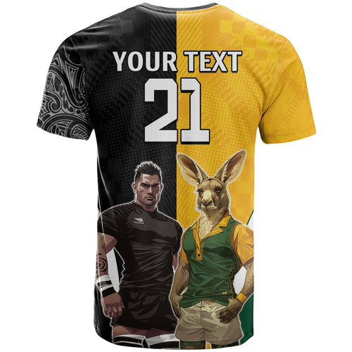 Custom New Zealand and Australia Rugby T Shirt Kangroo and Maori Warrior Together