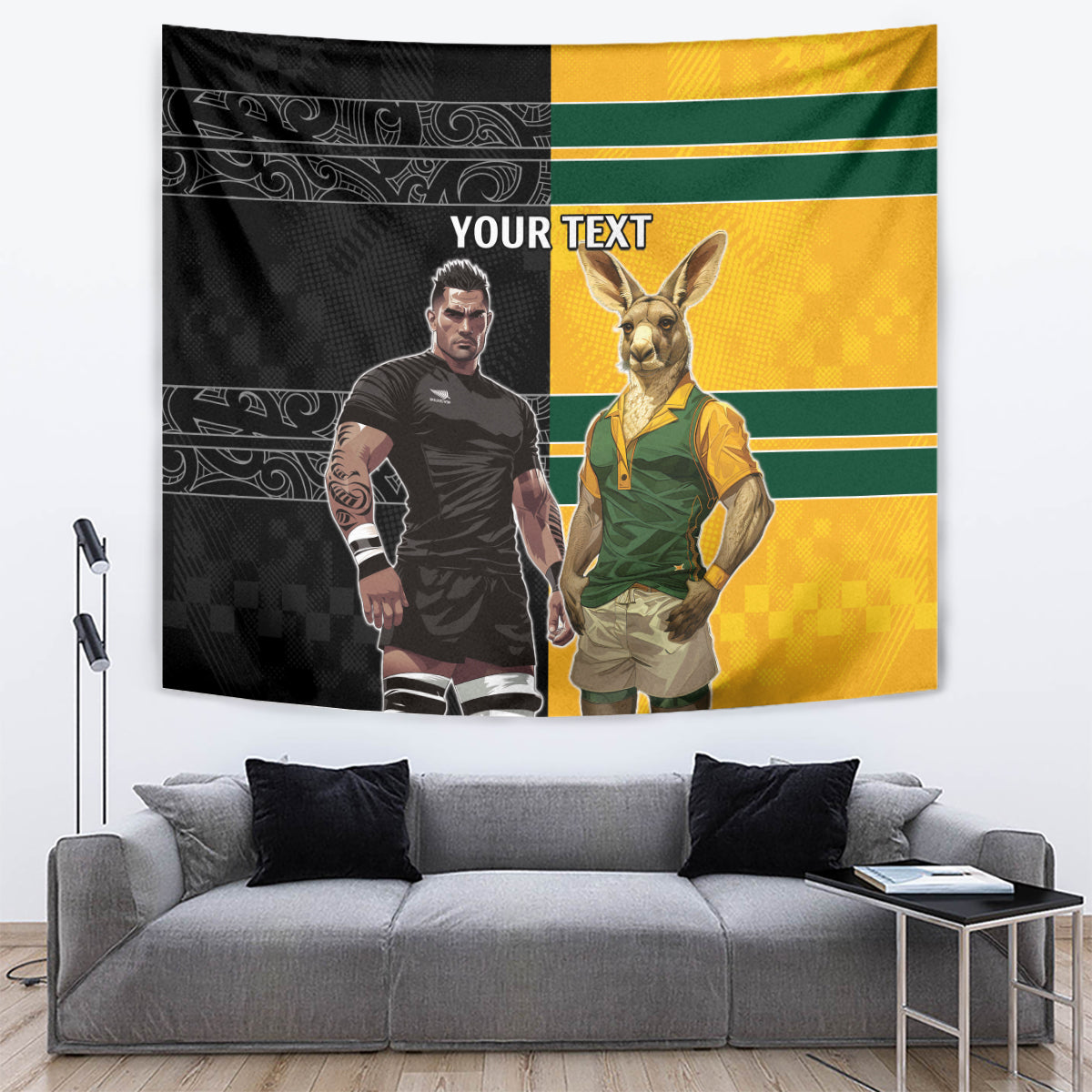 Custom New Zealand and Australia Rugby Tapestry Kangroo and Maori Warrior Together
