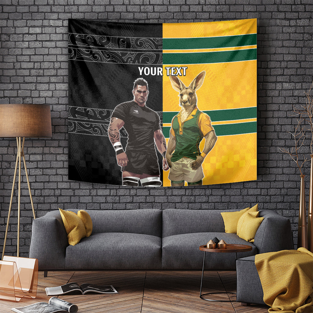 Custom New Zealand and Australia Rugby Tapestry Kangroo and Maori Warrior Together