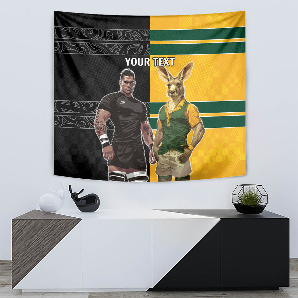 Custom New Zealand and Australia Rugby Tapestry Kangroo and Maori Warrior Together