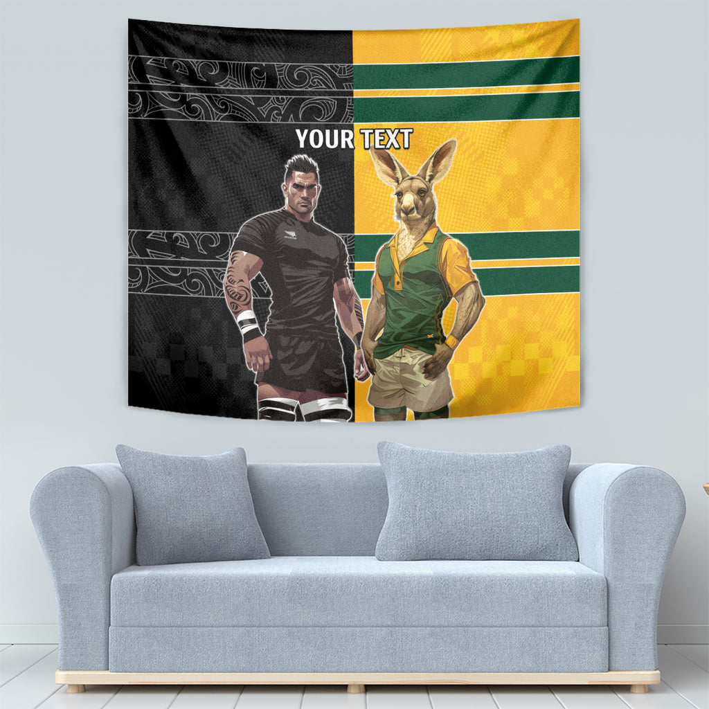 Custom New Zealand and Australia Rugby Tapestry Kangroo and Maori Warrior Together