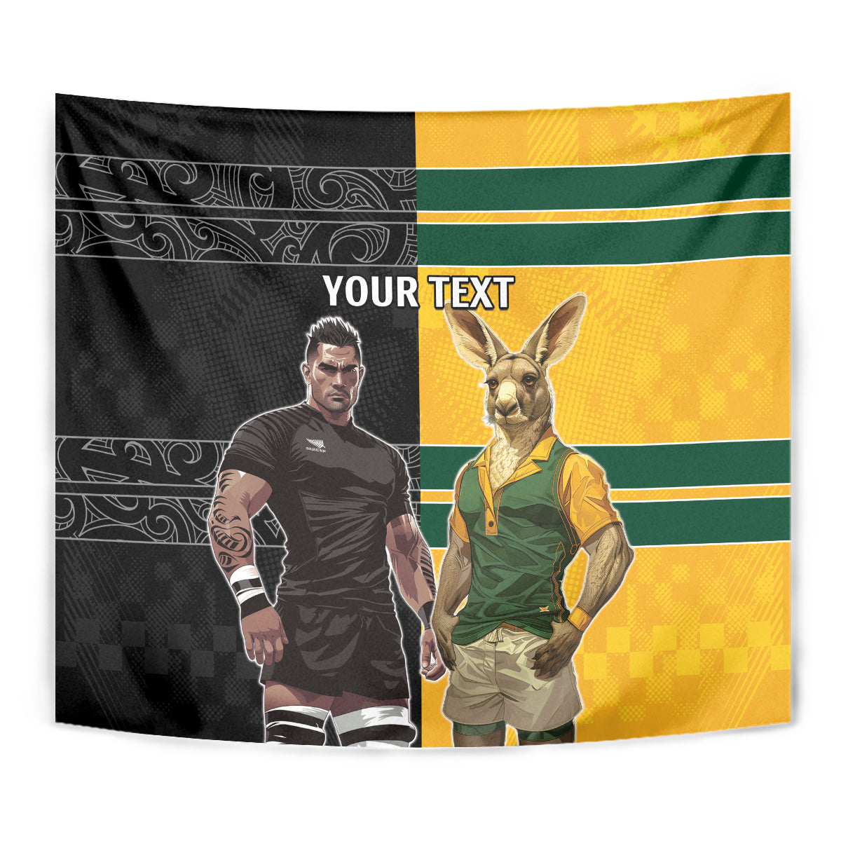 Custom New Zealand and Australia Rugby Tapestry Kangroo and Maori Warrior Together